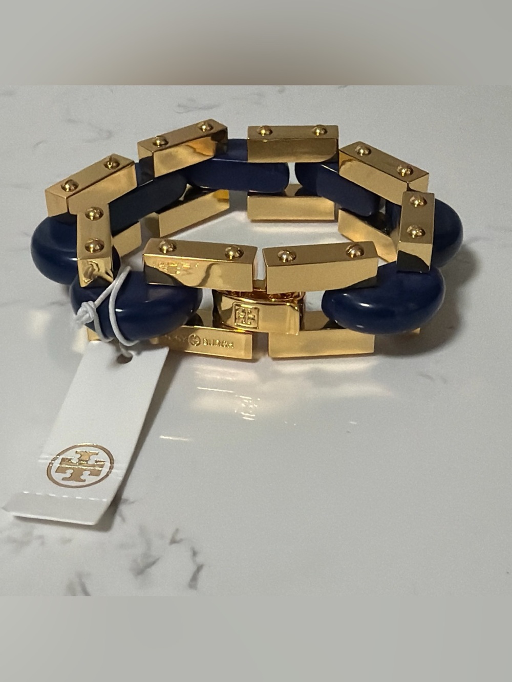 NWT Tory Burch Chunky Statement Gold Tone Bracelet With Navy Blue Enamel Inlay